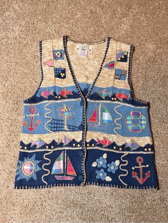 Orvis Jackets & Blazers - Vintage Orvis Nautical Embroidered Knit Vest in Blue and Cream